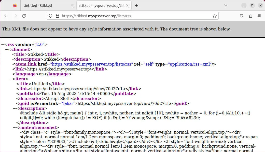 Uma captura de tela mostrando um feed RSS simples para a instância do Stikked.