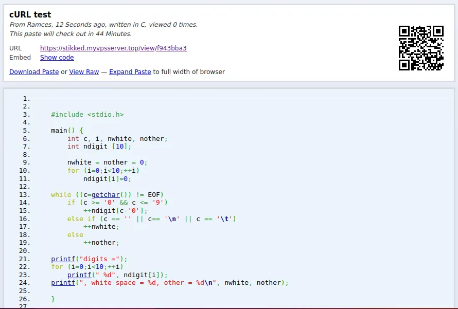 Uno screenshot che mostra un esempio di incolla realizzato utilizzando l'API Stikked.