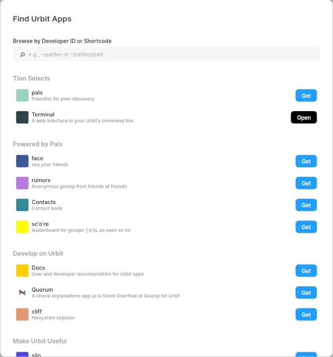 Ein Screenshot, der eine grundlegende Liste der Anwendungen für Urbit zeigt.