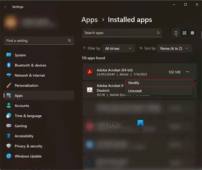 Finestra App installate - Modifica