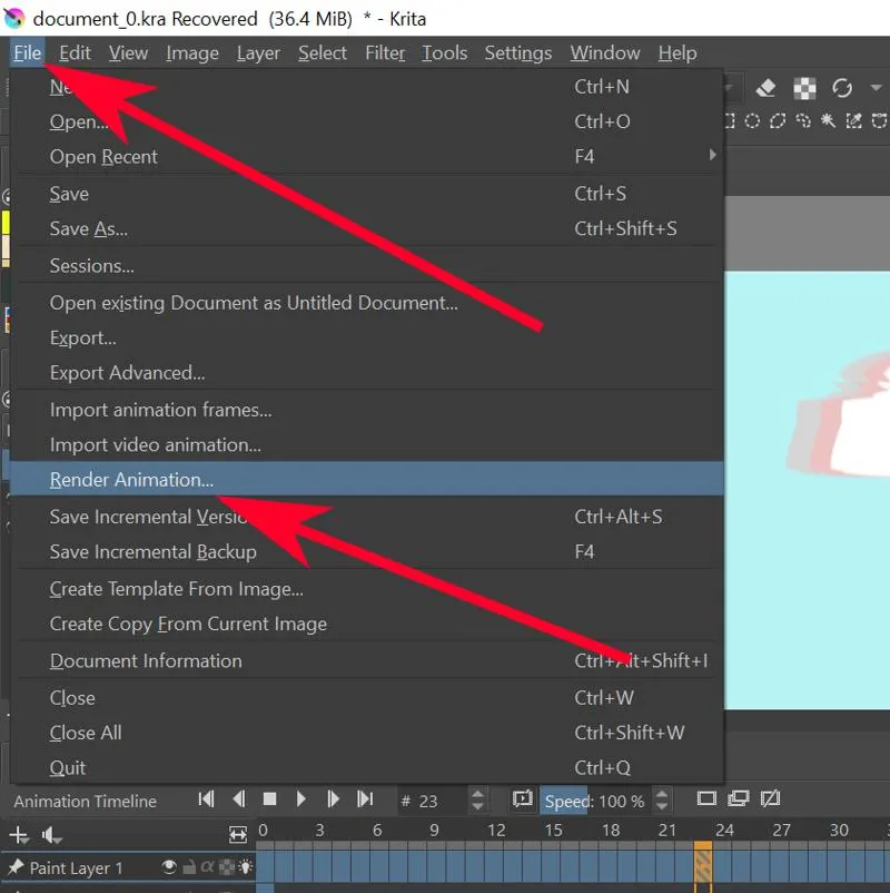 Animación Krita Flecha roja en archivo Animación de renderizado