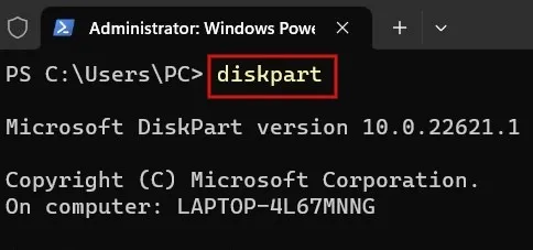 Windows PowerShell で「diskpart」と入力すると、