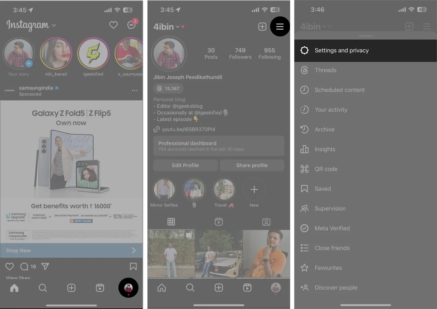Start Instagram, tik op het profielpictogram en ga naar Instellingen en Privacy