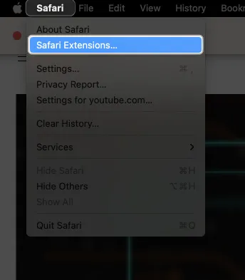 Avvia Safari, fai clic su Safari nella barra dei menu, seleziona Safari Extensions
