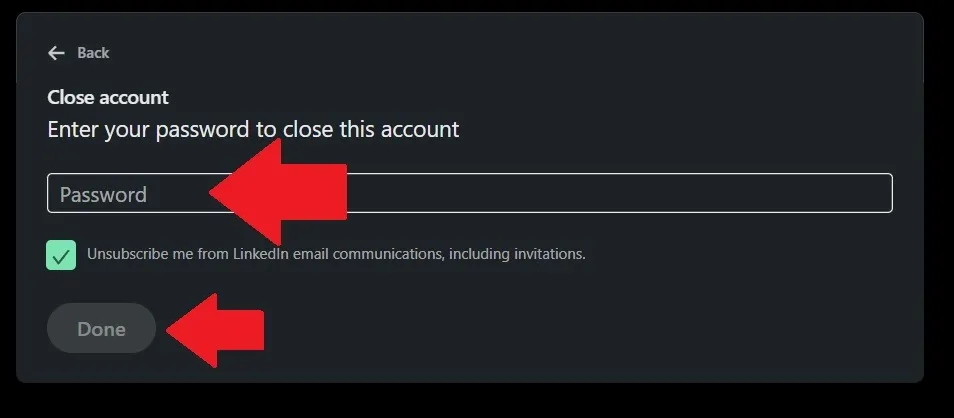 LinkedIn Geben Sie das Passwort ein, um das Konto zu schließen