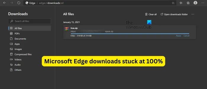 Microsoft Edge-downloads blijven steken op 100%