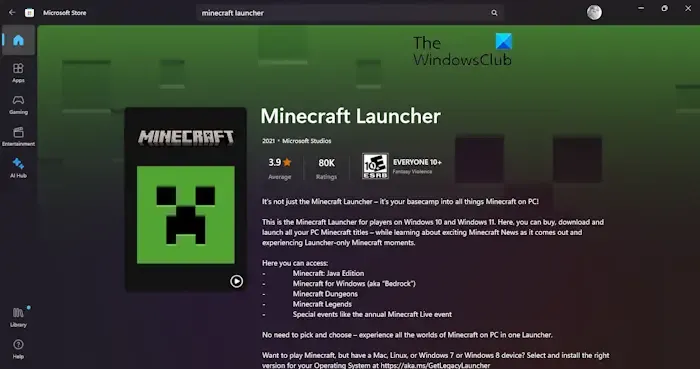 Avvio di Minecraft Microsoft Store