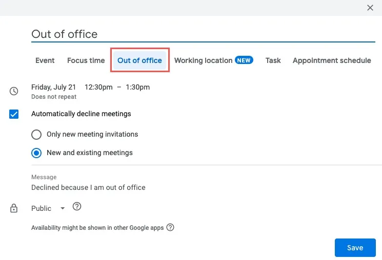 Neues Ereignis für Out Office in Google Kalender