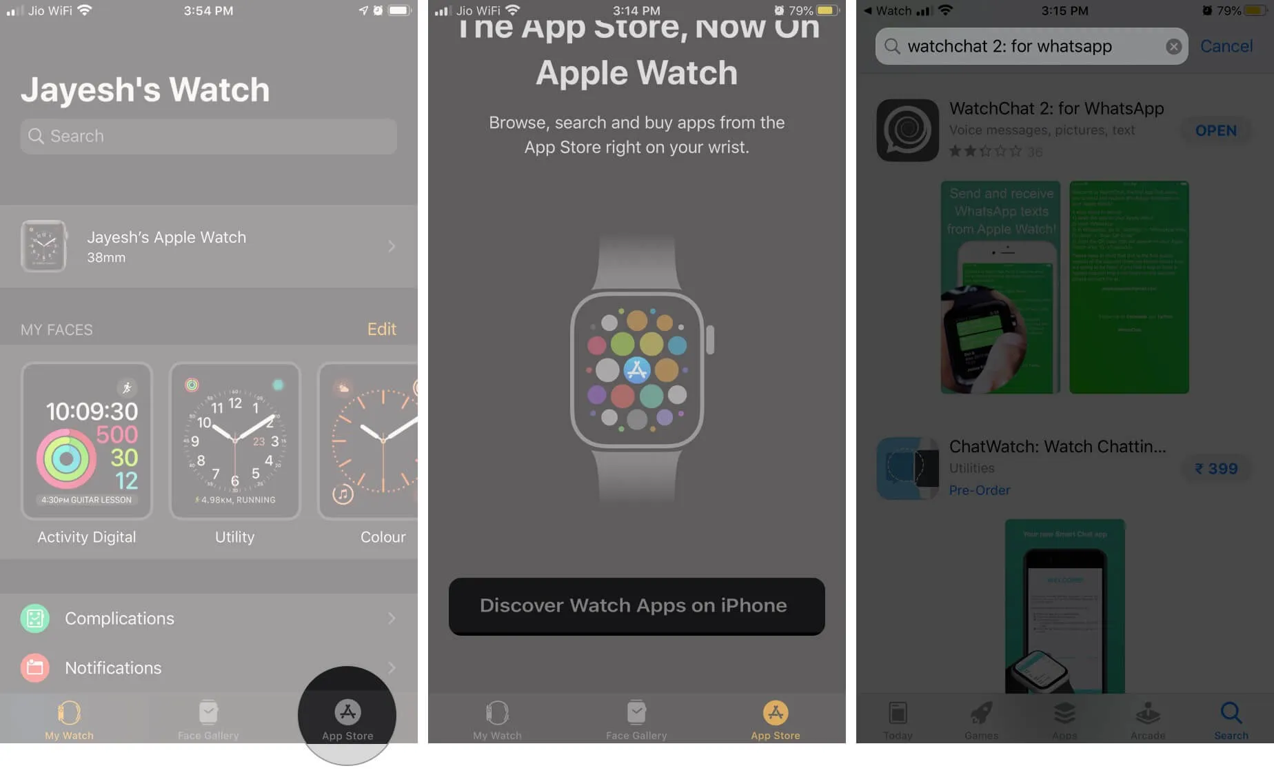 Watch App を開いて App Store を選択し、「iPhone で Watch App を探す」をタップして WatchChat 2 を検索します