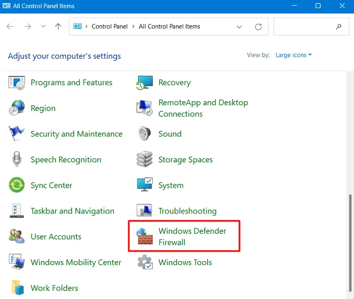 Abra el Firewall de Windows Defender mediante el Panel de control - Error de OneDrive 0x80070185