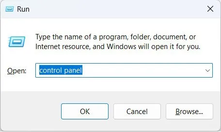 Öffnen der Systemsteuerung in Windows Run.