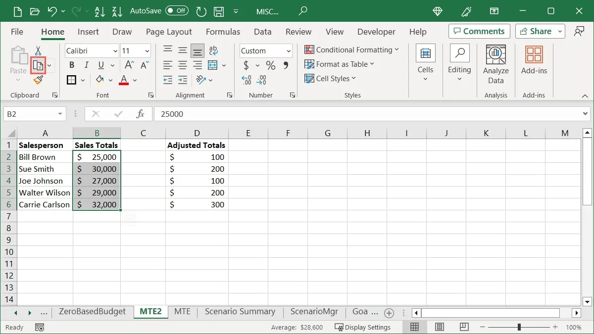 In Excel kopierte Werte