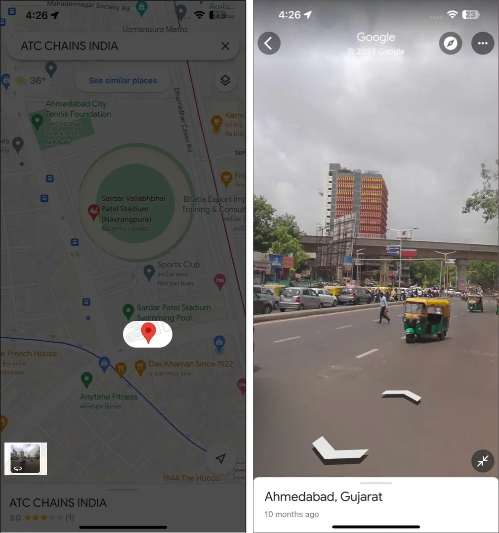 Wijs een andere locatie aan, tik op straatweergave e en open straatweergave in Google Maps