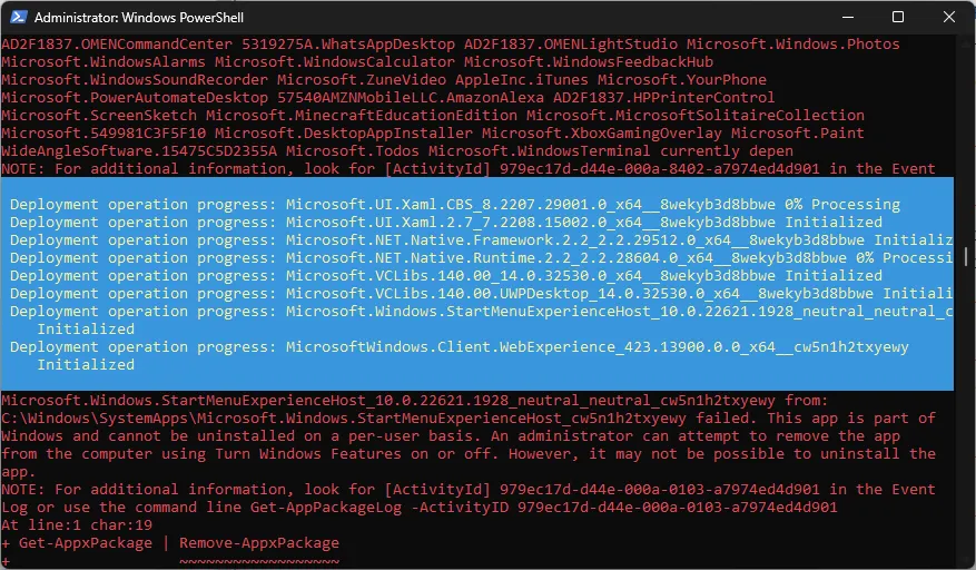 powershell_7Get-AppxPackage |  Remove-AppxPackage Excluindo todos os aplicativos do sistema no Windows 11