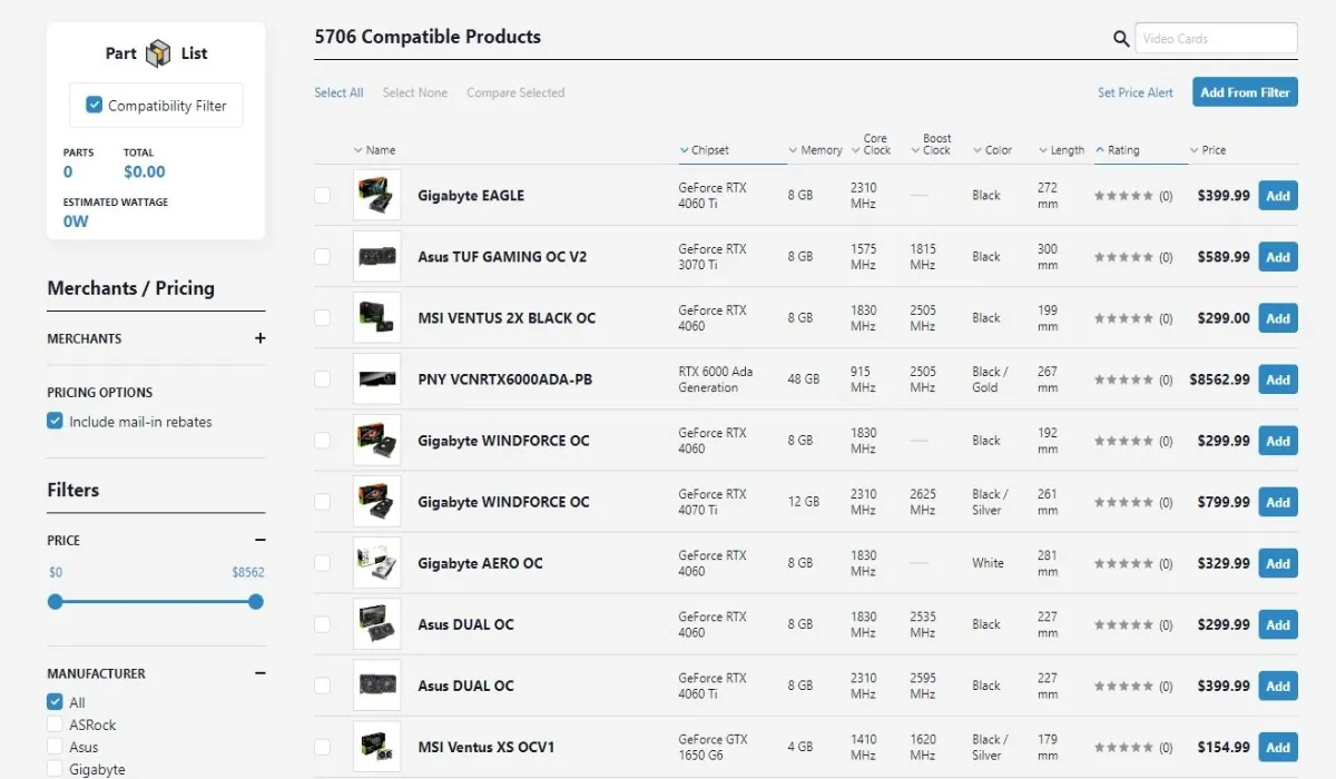 Sitios web de comparación de precios Selector de piezas de PC