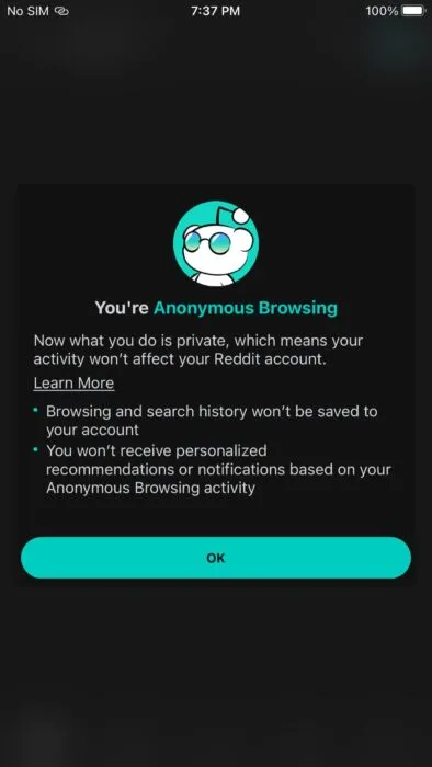 Aufforderung in der Reddit-App, die Benutzer darüber informiert, dass sie anonym sind. Min