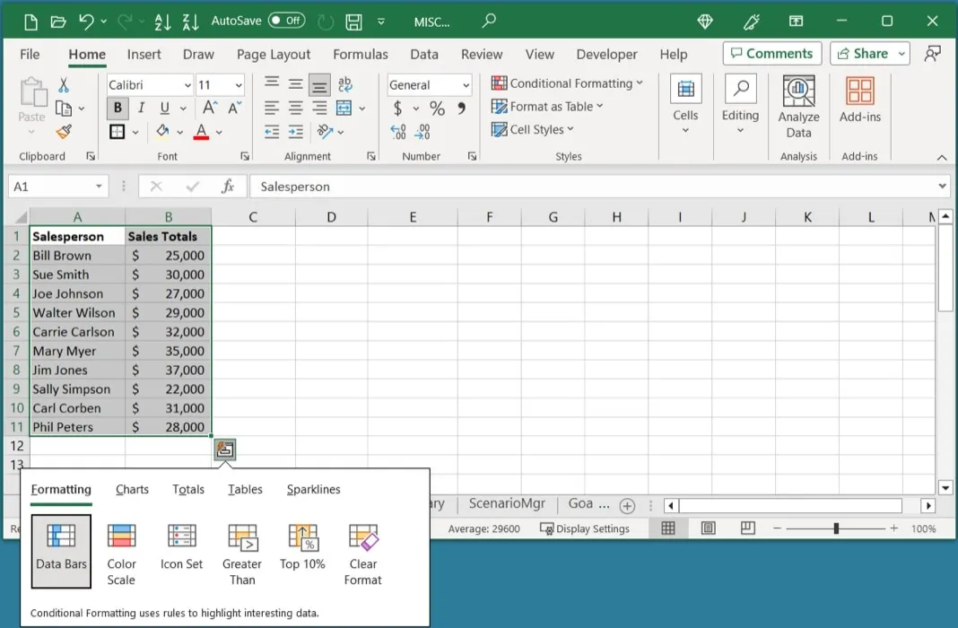 Options d'analyse rapide Excel