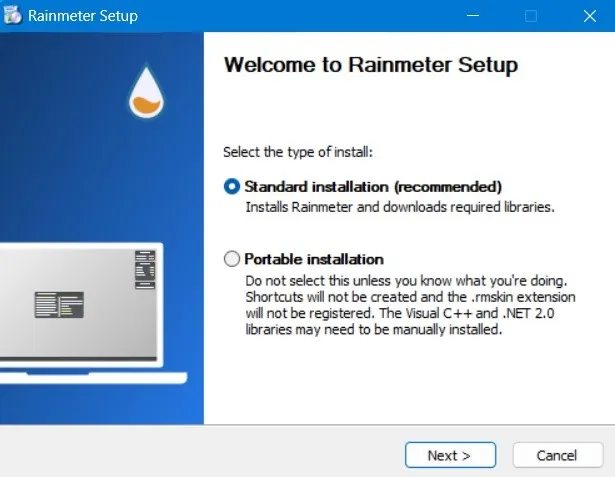 Selecionando a opção de instalação padrão para o aplicativo Rainmeter.