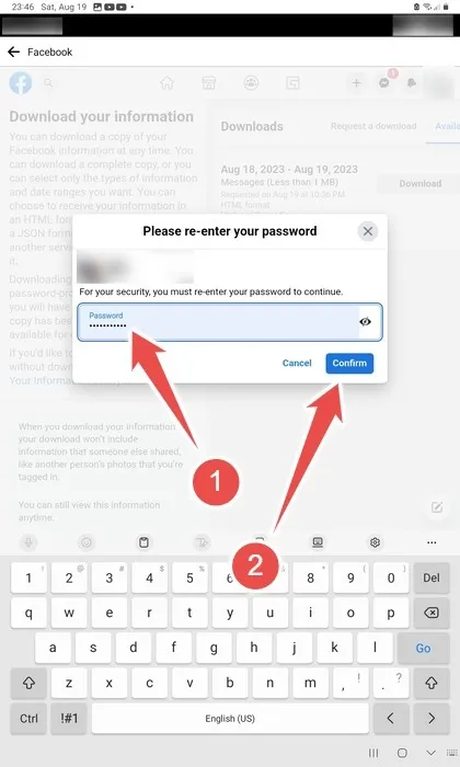 Reinserimento della password durante il download delle informazioni del profilo nell'app Facebook per Android