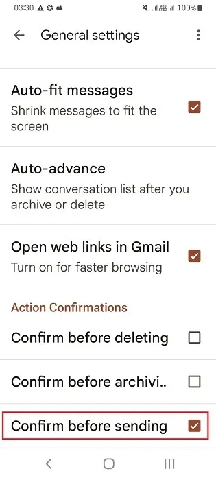 Gmail モバイル アプリで送信前に確認を選択します。