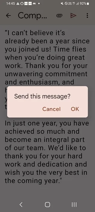 Invia la finestra di dialogo di conferma del messaggio nell'app Gmail per dispositivi mobili.