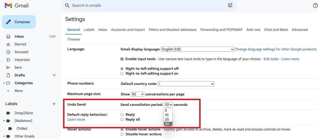 Imposta il periodo di annullamento Annulla invio su 30 secondi nelle Impostazioni di Gmail sul desktop