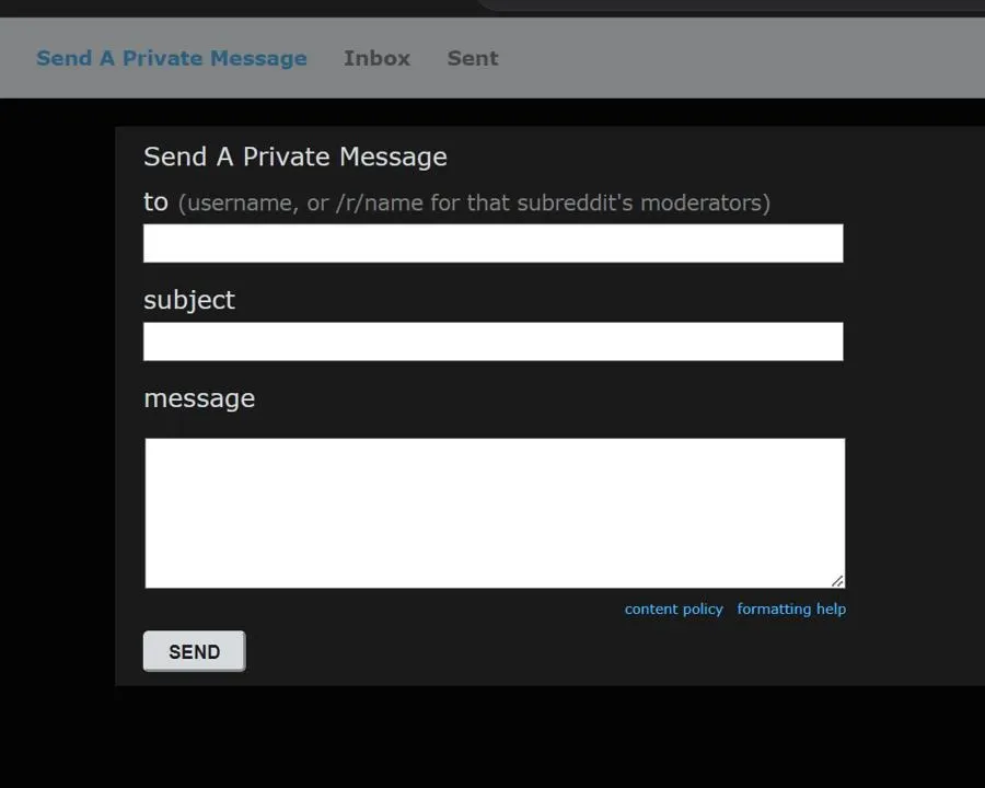 Reddit Dark Mode Crea una nuova pagina di messaggio privato