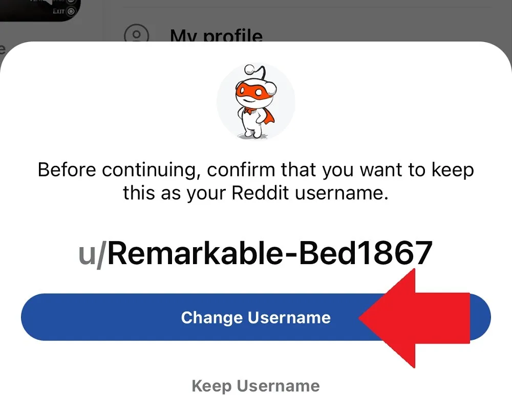 Confirmation du changement de nom d'utilisateur de Reddit Mobile