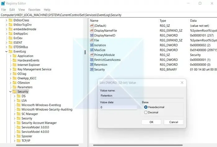 Registro eventi di Windows dell'editor del registro