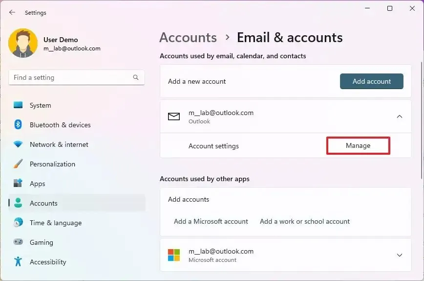 Configurações remover contas de e-mail