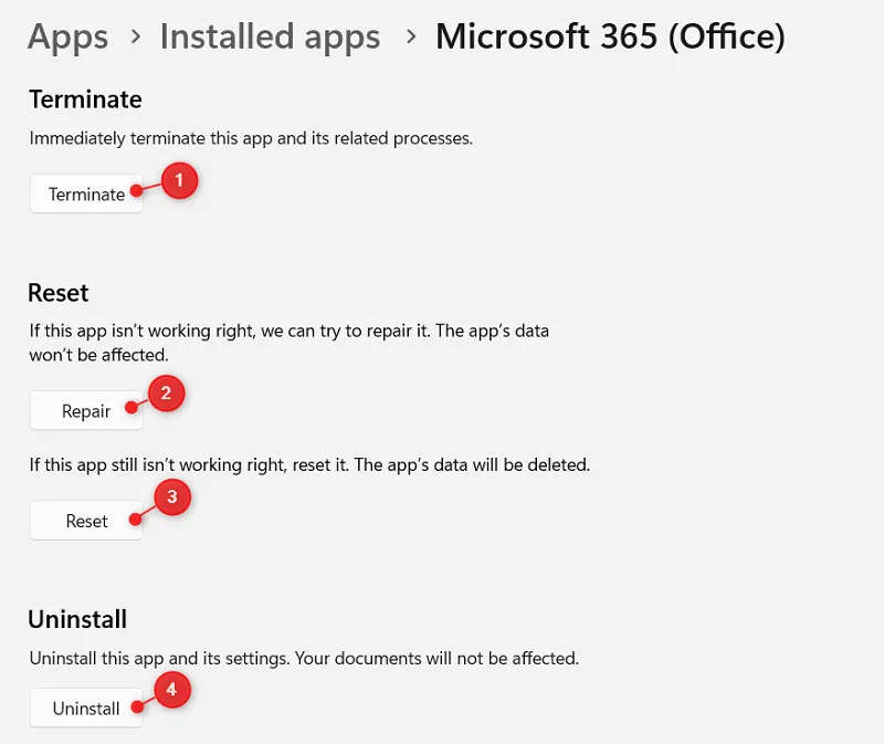 Reparieren und Zurücksetzen von Microsoft 365 (Office)
