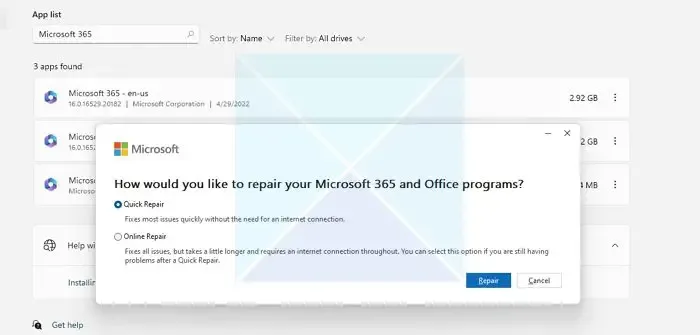 Microsoft Office 365を修復する