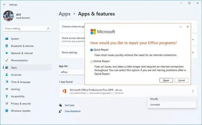 Napraw pakiet Microsoft Office