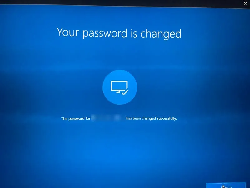 Uma mensagem de confirmação de que a senha foi alterada ao redefinir a senha de uma conta da Microsoft no Windows.