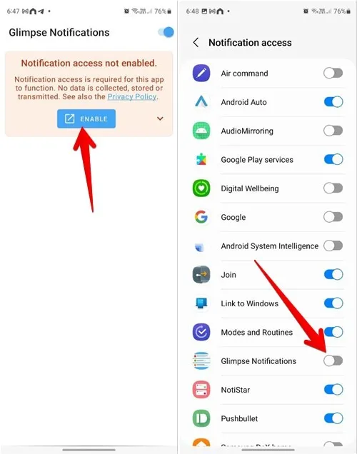 Abilitazione dell'accesso alle notifiche per l'app Glimpse Notifications.