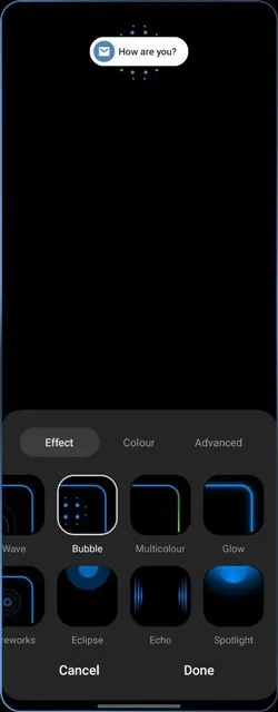 Selecionando a cor e o efeito da notificação breve nas configurações do telefone Samsung.