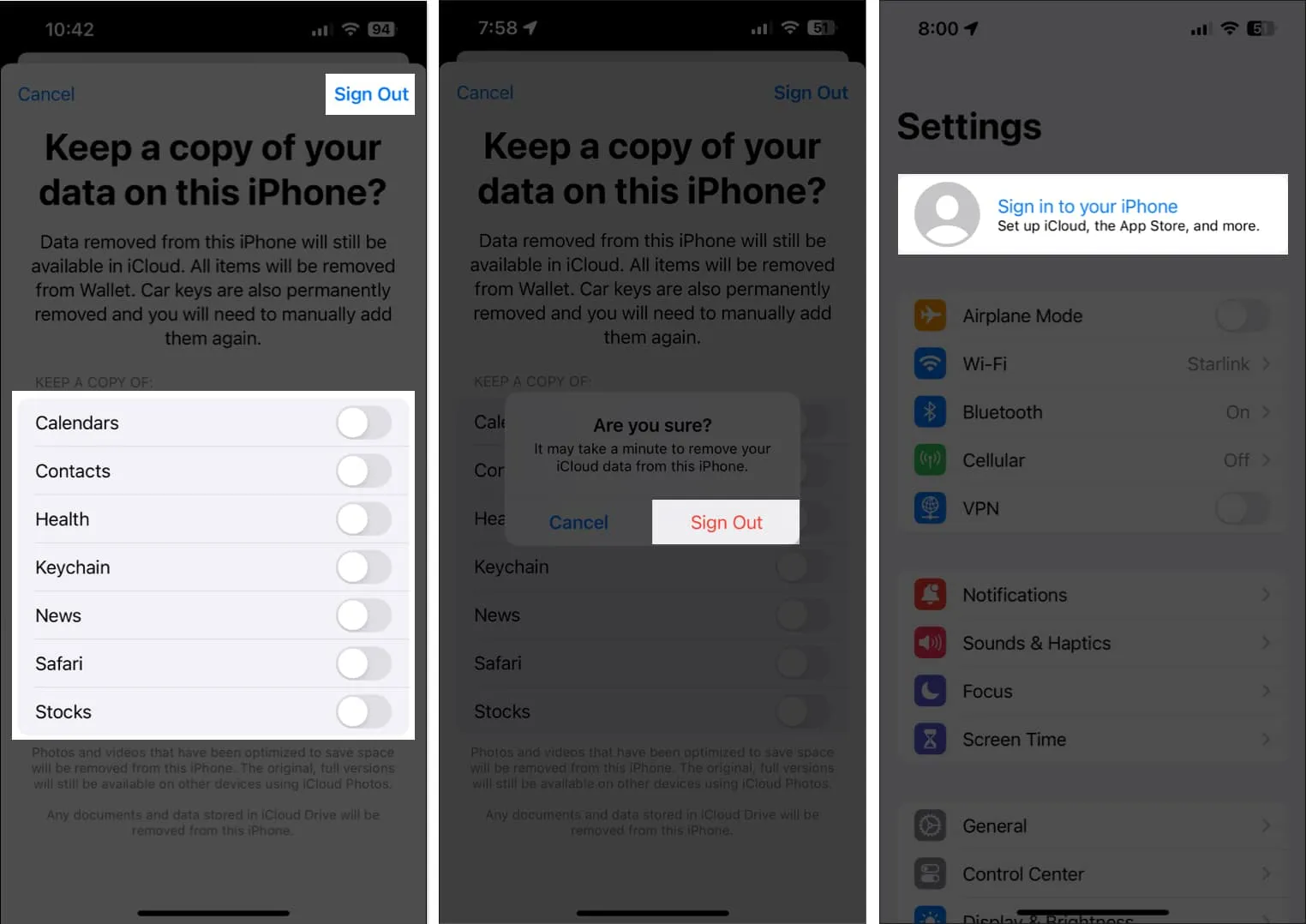 Salve os dados offline e faça login novamente com seu ID Apple