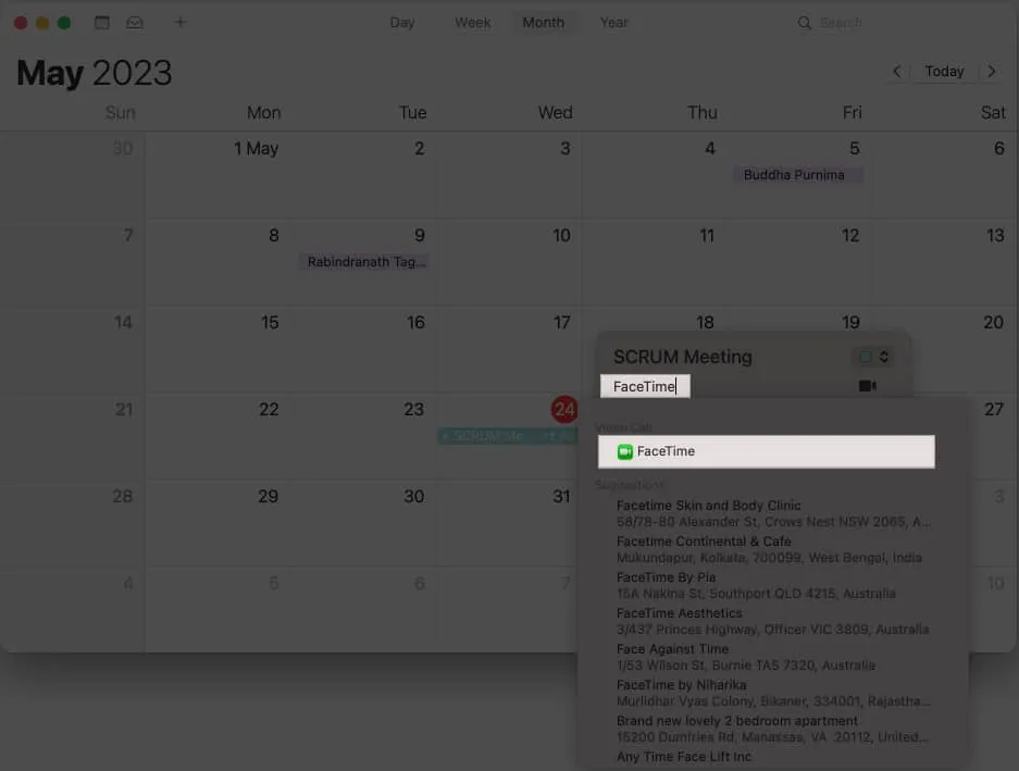 Busque FaceTime y seleccione lo mismo en el calendario en Mac