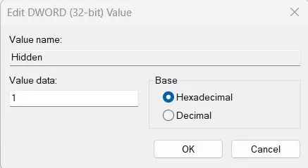 レジストリ エディターで隠しファイルを表示するキーの新しい値を設定します。