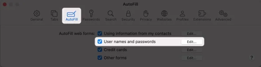 Selecteer Automatisch aanvullen en vink Gebruikersnaam en wachtwoorden aan