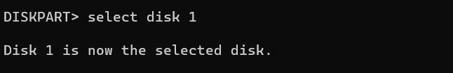PowerShell で「select disc」と入力し、続いて USB ドライブのディスク番号を入力します。