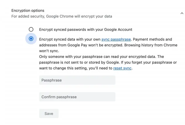 Wählen Sie in den Google-Einstellungen „Synchronisierte Daten mit Passphrase verschlüsseln“ aus