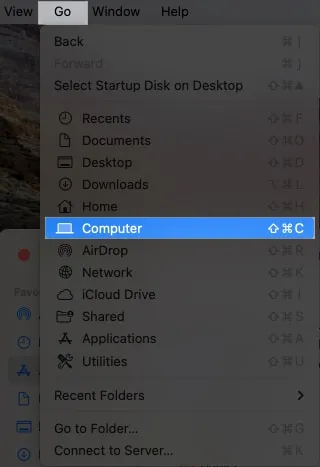 Selecteer Go, Computers in Finder