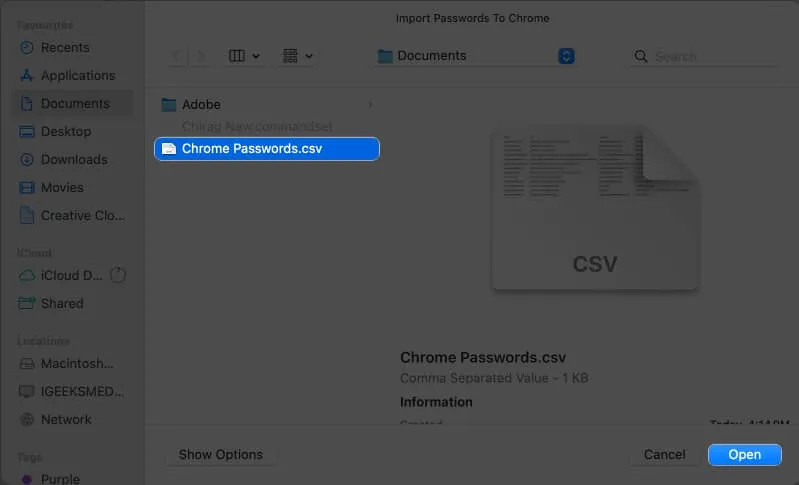 Wählen Sie die CSV-Datei aus und öffnen Sie sie aus Dokumenten
