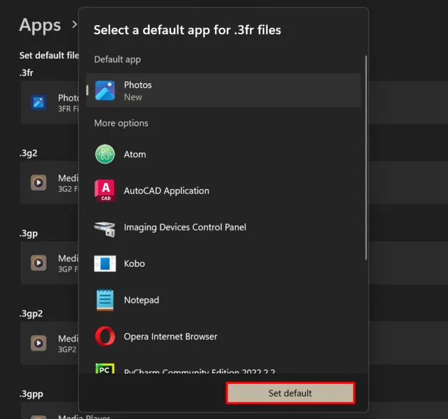 Windows での代替写真表示アプリの選択。