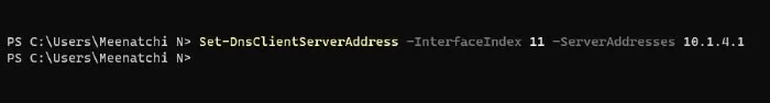 Powershellを使用してDNSアドレスを設定するコマンドを入力します