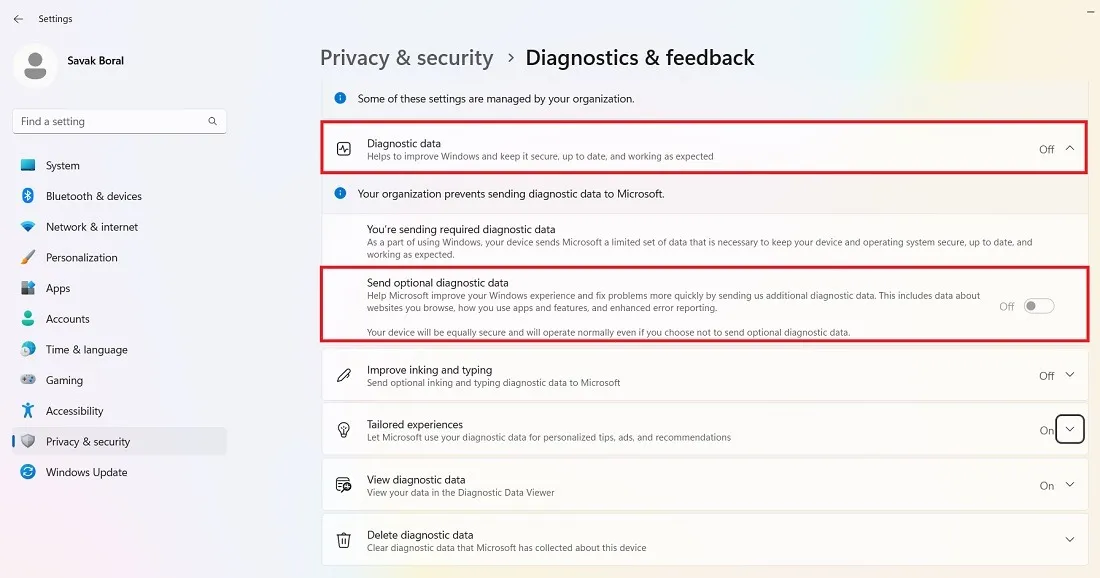 Diagnostica e feedback disabilitati nelle impostazioni di privacy e sicurezza di Windows 11 a causa di un errore dell'organizzazione.