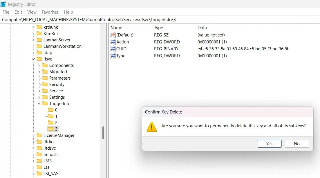 Le informazioni sul trigger LFSCV 3 vengono eliminate dall'editor del Registro di sistema.  con messaggio di avviso.