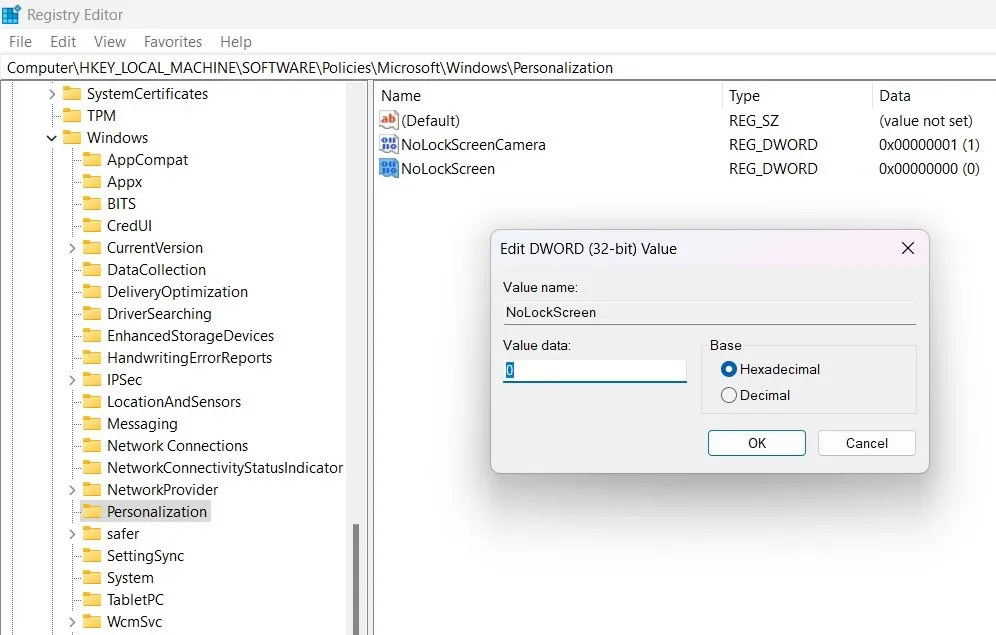 在“個性化”下的“Windows 註冊表編輯器”中，NoLockScreen 值數據設置為 0。
