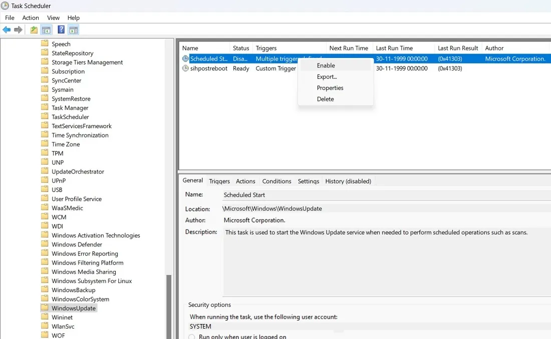 Attività di Windows Update abilitate facendo clic con il pulsante destro del mouse nell'Utilità di pianificazione.
